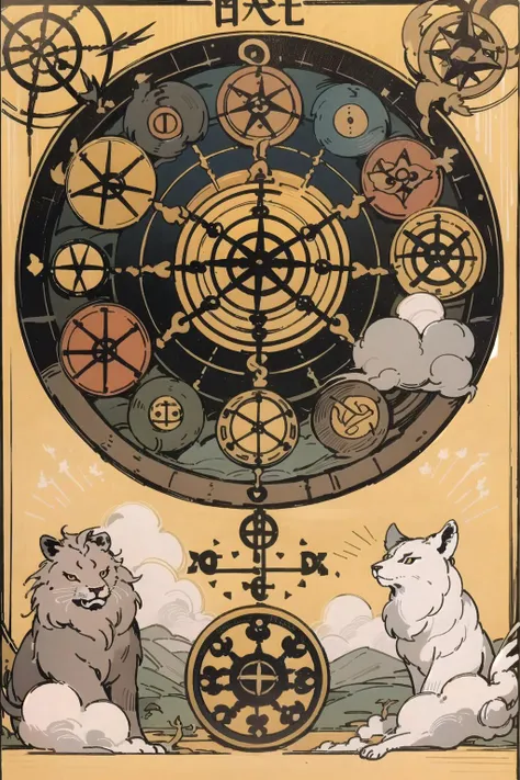 <lora:Tarotv0.2:0.8>, tarot card, wheel of fortune, spoked wheel, symbols, winged animals, lion, ox, eagle, angels