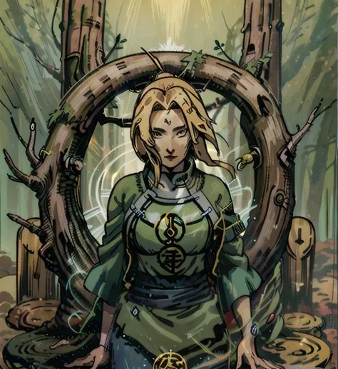 tarot card, the fool, Tsunade, Forest tree, <lora:Tarotv0.2:1> <lora:TsunadeNSS:1>