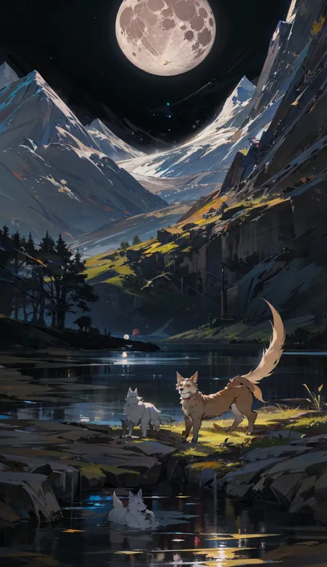 masterpiece,best quality,8k,highestres,absurdres,
(the moon:1.2),water,mountain,( large moon:1.2) ,large moon in sky,1wolf ,1dog, 1crayfish,dark night,<lora:LowRA:0.5>