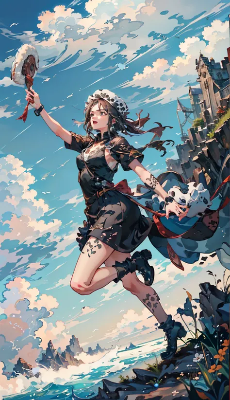 masterpiece,best quality,8k,highestres,absurdres, extremely detailed,solo,white rose,dog,
the fool,(1girl and 1 jumping dog:1.1), bindle, stick and bag,standing on cliff,(abyss:1.2), cloud,(ocean:0.7),big rock,dangerous,crazy,dynamic,
<lora:Trafalgar_lawV3:0.8> ,femlaw,chest tattoo,arm tattoo,hand tattoo,