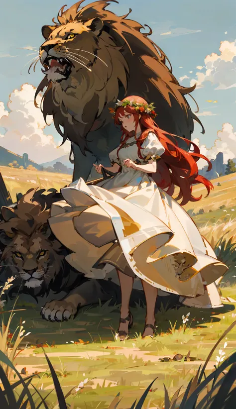 masterpiece,best quality,8k,highestres,absurdres, extremely detailed,sunny,
strength, (woman and lion), dress ,outdoors,high grass,head wreath,