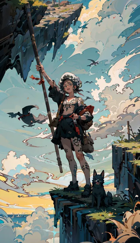 masterpiece,best quality,8k,highestres,absurdres, extremely detailed,solo,
the fool,(1girl and 1dog:1.1), bindle, stick and bag,standing on cliff,(abyss:1.2), cloud,(ocean:0.7),big rock,dangerous,crazy,dynamic,
<lora:Trafalgar_lawV3:0.8> ,femlaw,chest tattoo,arm tattoo,hand tattoo,