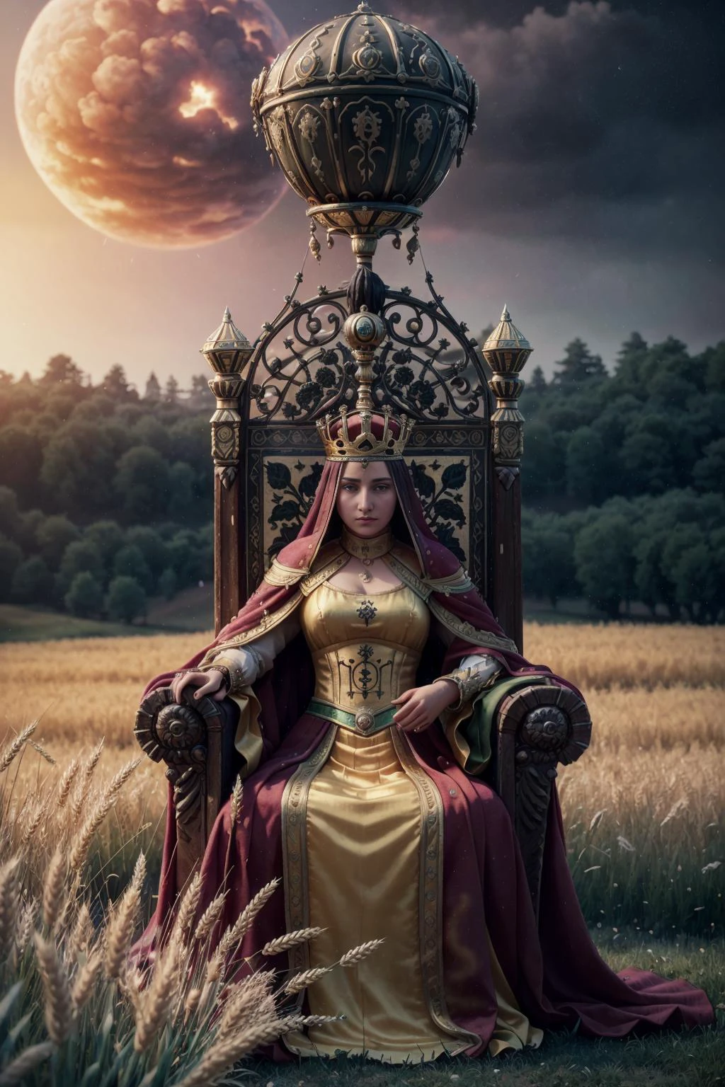 <lora:Tarotv0.2:0.6>, tarot card, the empress, woman, pillow, throne, crown, scepter, wheat field, realistic,, (Extremely Detailed Oil Painting:1.2), glow effects, godrays, Hand drawn, render, 8k, octane render, cinema 4d, blender, dark, atmospheric 4k ultra detailed, cinematic sensual, Sharp focus, humorous illustration, big depth of field, Masterpiece, colors, 3d octane render, 4k, concept art, trending on artstation, hyperrealistic, Vivid colors, extremely detailed CG unity 8k wallpaper, trending on ArtStation, trending on CGSociety, Intricate, High Detail, dramatic