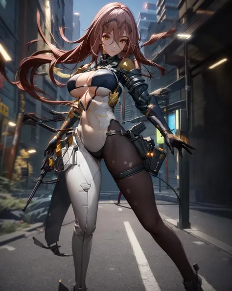 (best quality, masterpiece, colorful, dynamic angle, highest detailed)(cangfeng),(official art, extreme detailed, highest detailed),(cangfeng),realistic,upper body,fashion photography of long hair girl,(intricate details, hyperdetailed:1.15),dressing high detailed bodysuit (high resolution textures),detailed,bokeh,detailed background,street in city,outdoors,(sunny_day),perfect lighting,in dynamic pose,hair between eyes,(perfect hand),(medium breasts),leotard,(asymmetrical legwear),gloves,mechanical right arm,torn legwear,underboob,HDR+,<lora:cangfengV2.2:1>,