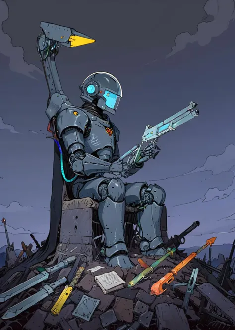 high-quality 4k hd flat-color cartoon artwork in jmst artstyle, moebius, mgcliu
a robot, glass helmet, sitting on top of a pile of abandoned weapons,
((wide shot, perspective from above))
dark fantasy, gothic horror,
night, moonlight
shadows, dramatic lighting , gradient
<lora:SDXL1.0_Essenz-series-by-AI_Characters_Style_MoebiusJeanGiraudVoyageDHermes-v1.1:0.8> <lora:tag is mgcilu:0.6>