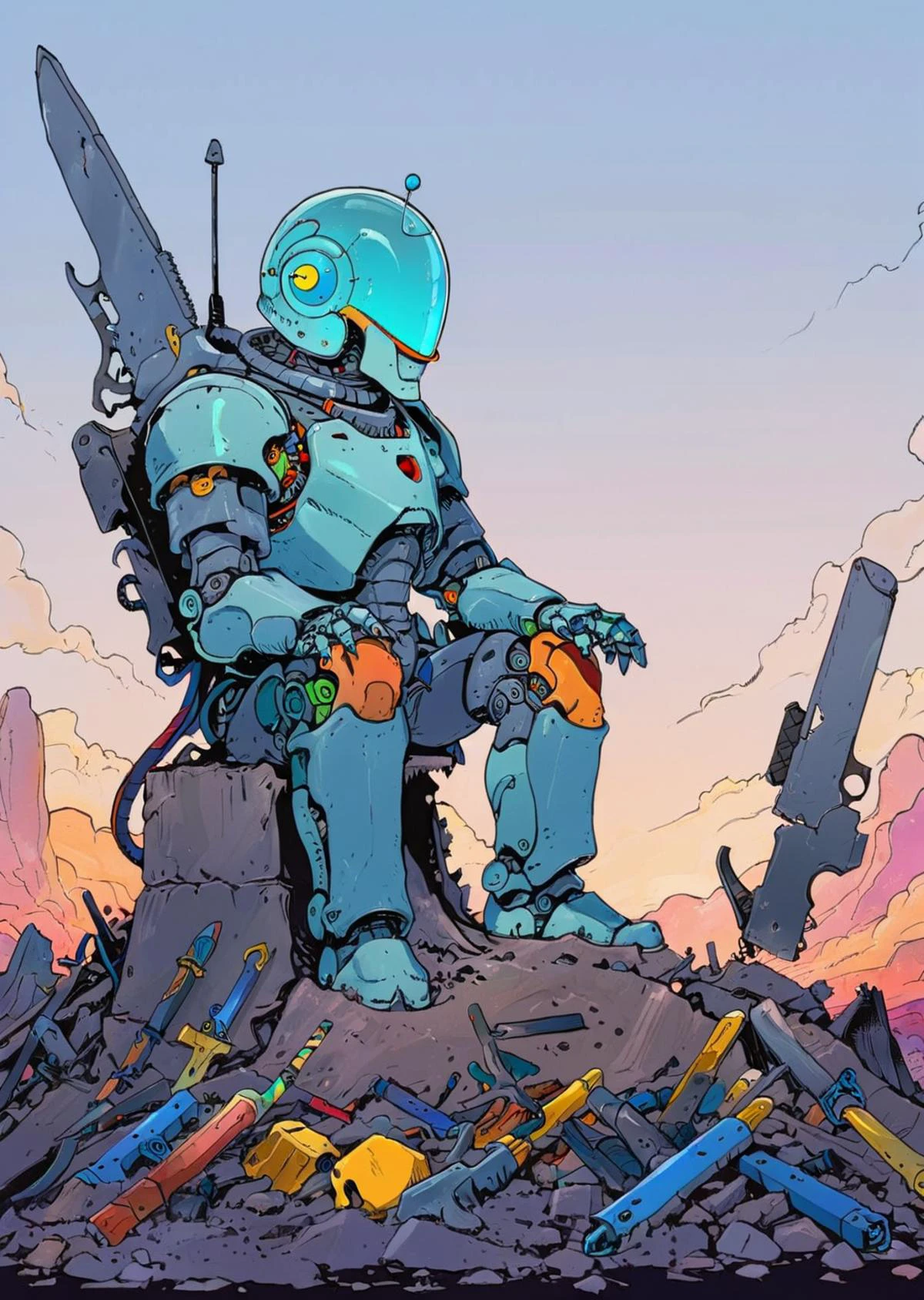high-quality 4k hd flat-color cartoon artwork in jmst artstyle, moebius, mgcliu
a robot, glass helmet, sitting on top of a pile of abandoned weapons,
colorful,
shadows, dramatic lighting , gradient
<lora:SDXL1.0_Essenz-series-by-AI_Characters_Style_MoebiusJeanGiraudVoyageDHermes-v1.1:0.8> <lora:tag is mgcilu:0.6>