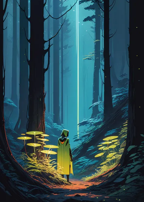 concept art by syd mead ,  high-quality 4k hd, flat-color cartoon artwork in jmst artstyle, moebius
1girl ,  exploring 
night
lighting particles
mysterious glowing plants
hiding in the woods
   <lora:concept_art_syd_mead:0.6>
 <lora:SDXL1.0_Essenz-series-by-AI_Characters_Style_MoebiusJeanGiraud-v1.0:0.6>
 [(details:1.2): [ (many small details:1.3) : [ (many ultrasmall details: 1.2):(very detailed ultrasmall edges and microrelief:1.5):0.7 ]: 0.4 ] :0.2]