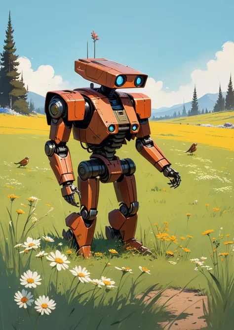 concept art by syd mead ,  high-quality 4k hd, flat-color cartoon artwork in jmst artstyle,
 a cute,  short,   rusty robot in a grassland ,
birds,  flowers 
close up shot 
   <lora:concept_art_syd_mead:0.7>
 <lora:SDXL1.0_Essenz-series-by-AI_Characters_Style_MoebiusJeanGiraud-v1.0:0.8>
 [(details:1.2): [ (many small details:1.3) : [ (many ultrasmall details: 1.2):(very detailed ultrasmall edges and microrelief:1.5):0.7 ]: 0.4 ] :0.2]