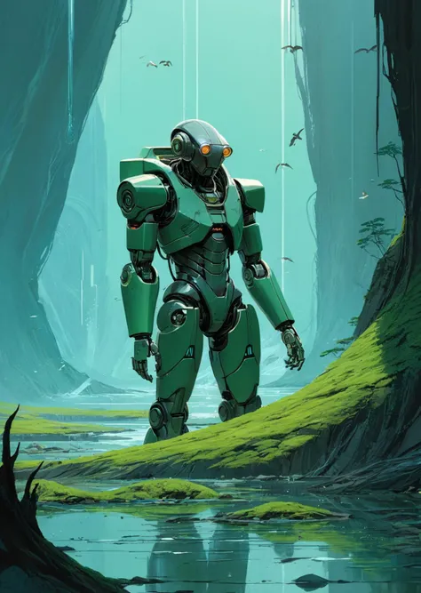 concept art by syd mead ,  high-quality 4k hd flat-color cartoon artwork in jmst artstyle, moebius
In a close-up shot, a grey and abandoned broken robot rests in the water, its lifeless form concealed beneath a layer of green moss. A flock of birds gathers around, lending an eerie beauty to the scene. The atmosphere exudes a retro vibe with a gradient touch
sci-fi, retro futuristic 
  <lora:concept_art_syd_mead:0.8>
 <lora:SDXL1.0_Essenz-series-by-AI_Characters_Style_MoebiusJeanGiraud-v1.0:0.8>
 [(details:1.2): [ (many small details:1.3) : [ (many ultrasmall details: 1.2):(very detailed ultrasmall edges and microrelief:1.5):0.7 ]: 0.4 ] :0.2]
