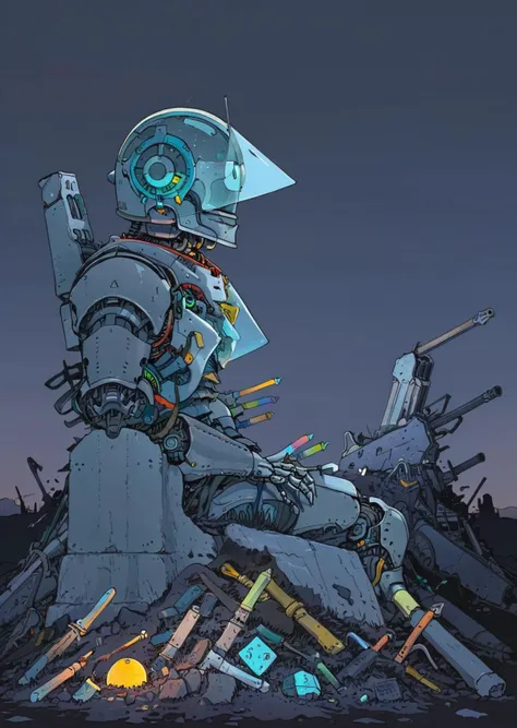 high-quality 4k hd flat-color cartoon artwork in jmst artstyle, moebius, mgcliu
a robot, glass helmet, sitting on top of a pile of abandoned weapons,
dark retro science fiction,
night, moonlight
shadows, dramatic lighting , gradient
<lora:SDXL1.0_Essenz-series-by-AI_Characters_Style_MoebiusJeanGiraudVoyageDHermes-v1.1:0.8> <lora:tag is mgcilu:0.6>