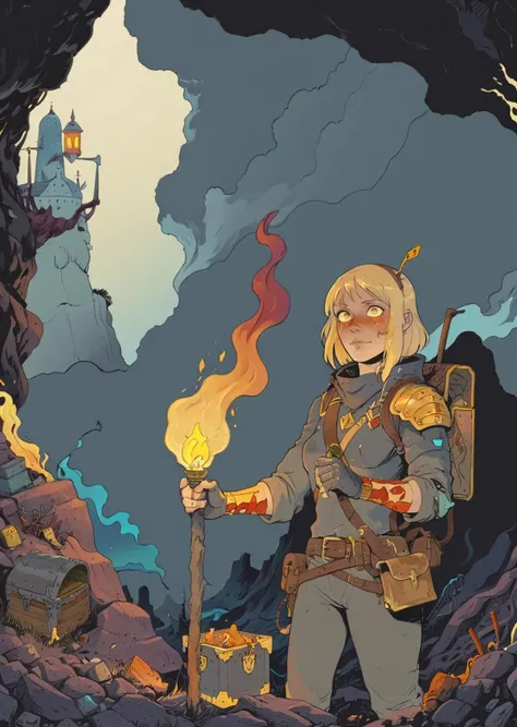 high-quality 4k hd  flat-color cartoon artwork in jmst artstyle, moebius, mgcliu
1girl an adventurer  holding a torch in a  dark cave,
treasures
gold
jewelry,  treasure chest, 
retro, muted color 
characters, dark, eerie, fantasy, horror, melancholy, surreal
shadows,   , gradient , dramatic lighting 
[(details:1.2): [ (many small details:1.3) : [ (many ultrasmall details: 1.2):(very detailed ultrasmall edges and microrelief:1.5):0.7 ]: 0.4 ] :0.2]
  <lora:SDXL1.0_Essenz-series-by-AI_Characters_Style_MoebiusJeanGiraudVoyageDHermes-v1.1:0.8> <lora:tag is mgcilu:0.6>