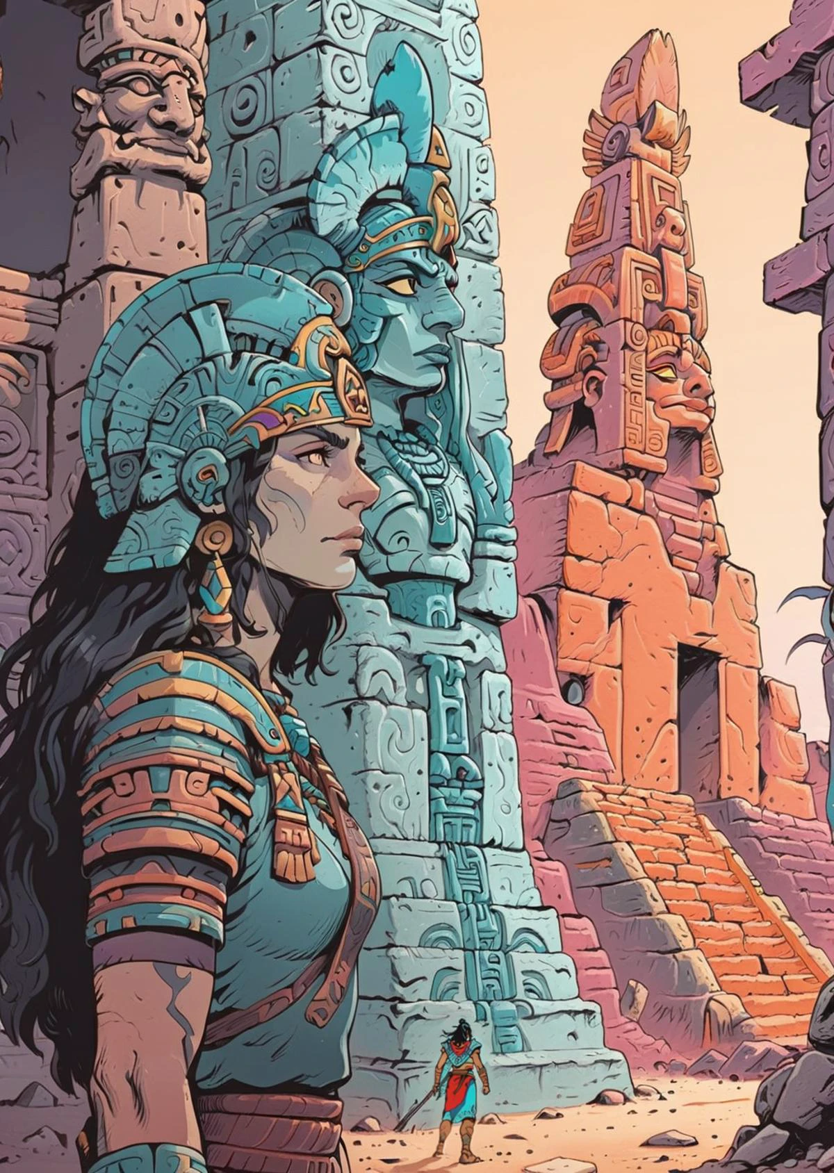 high-quality 4k hd  flat-color cartoon artwork in jmst artstyle, moebius, mgcliu
1girl  warrior, guarding the entrance of the   mayan temple
retro, muted color 
shadows,   , gradient 
[(details:1.2): [ (many small details:1.3) : [ (many ultrasmall details: 1.2):(very detailed ultrasmall edges and microrelief:1.5):0.7 ]: 0.4 ] :0.2]
  <lora:SDXL1.0_Essenz-series-by-AI_Characters_Style_MoebiusJeanGiraudVoyageDHermes-v1.1:0.8> <lora:tag is mgcilu:0.6>