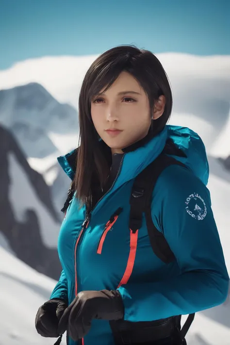 cinematic photo 1girl,tifa7re,looking at viewer,<lora:tifa_re_sdxl_V1-000006:0.7>,mountaineering,nature,ice,rock,snow,ice axes,jacket,long sleeve,gloves, . 35mm photograph, film, bokeh, professional, 4k, highly detailed
