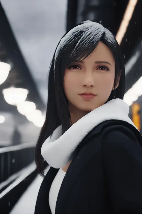 cinematic photo 1girl,tifa7re,looking at viewer,<lora:tifa_re_sdxl_V1-000006:0.7>,train station,coat,heavy snow,train,wind, . 35mm photograph, film, bokeh, professional, 4k, highly detailed