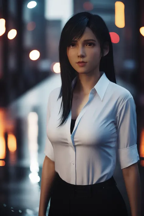 cinematic photo 1girl,tifa7re,looking at viewer,<lora:tifa_re_sdxl_V1-000006:0.7>,wet in the street,wet in the street,wet skin,wet hair,wet white blouse,wet black leggings,frown,sad, . 35mm photograph, film, bokeh, professional, 4k, highly detailed
