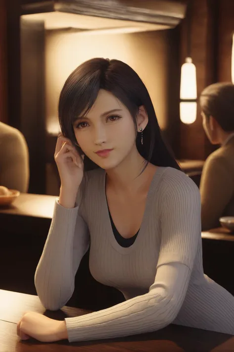 breathtaking 1girl,tifa7re,upper_body,(sweater:1.2),long sleeves,<lora:tifa_re_sdxl_V1-000006:0.7>,restaurant,. award-winning,professional,highly detailed,