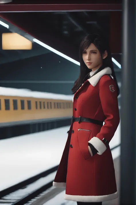 cinematic photo 1girl,tifa7re,looking at viewer,<lora:tifa_re_sdxl_V1-000006:0.7>,train station,coat,snow,train, . 35mm photograph, film, bokeh, professional, 4k, highly detailed