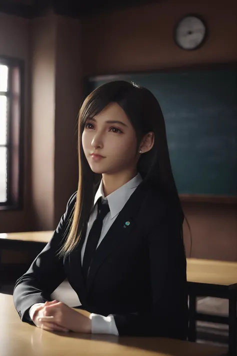 cinematic photo 1girl,tifa7re,looking at viewer,<lora:tifa_re_sdxl_V1-000006:0.7>,school uniform,long sleeves,japanese classroom,blackboard,window, . 35mm photograph, film, bokeh, professional, 4k, highly detailed