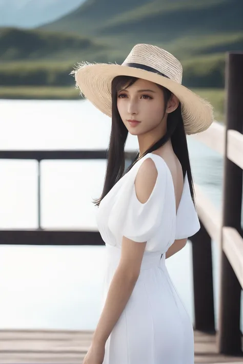 cinematic photo 1girl,tifa7re,looking at viewer,<lora:tifa_re_sdxl_V1-000006:0.7>,wooden bridge,white loose dress,straw hat,lake,mountain,white heels,front view, . 35mm photograph, film, bokeh, professional, 4k, highly detailed