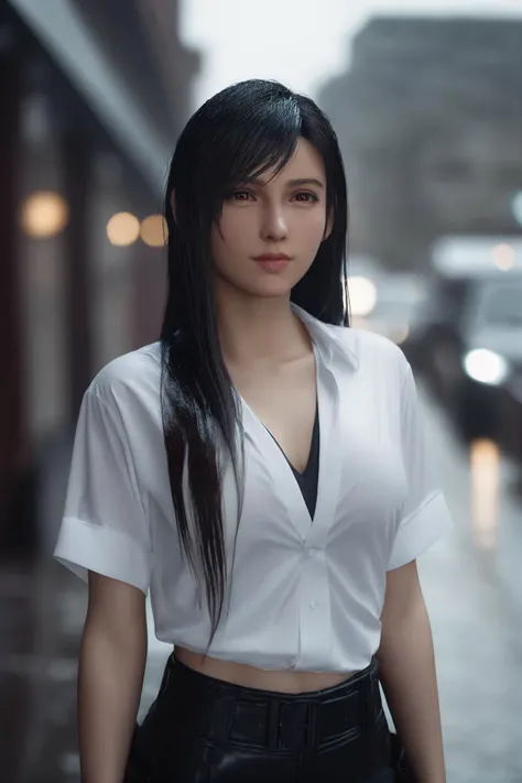 cinematic photo 1girl,tifa7re,looking at viewer,<lora:tifa_re_sdxl_V1-000006:0.7>,wet in the street,wet in the street,wet skin,wet hair,wet white blouse,wet black leggings, . 35mm photograph, film, bokeh, professional, 4k, highly detailed