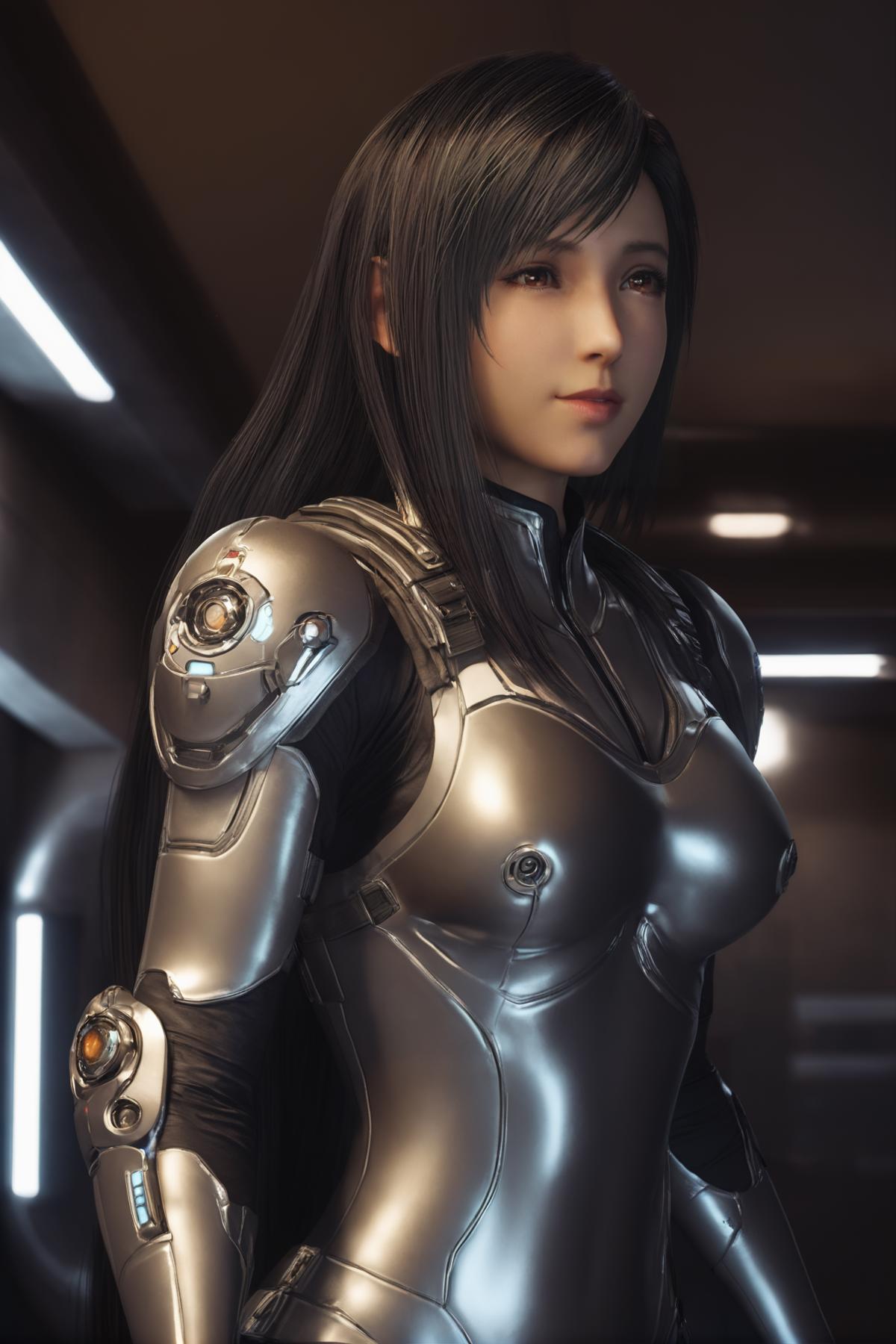 A woman in a futuristic suit standing in a dark room - SeaArt AI