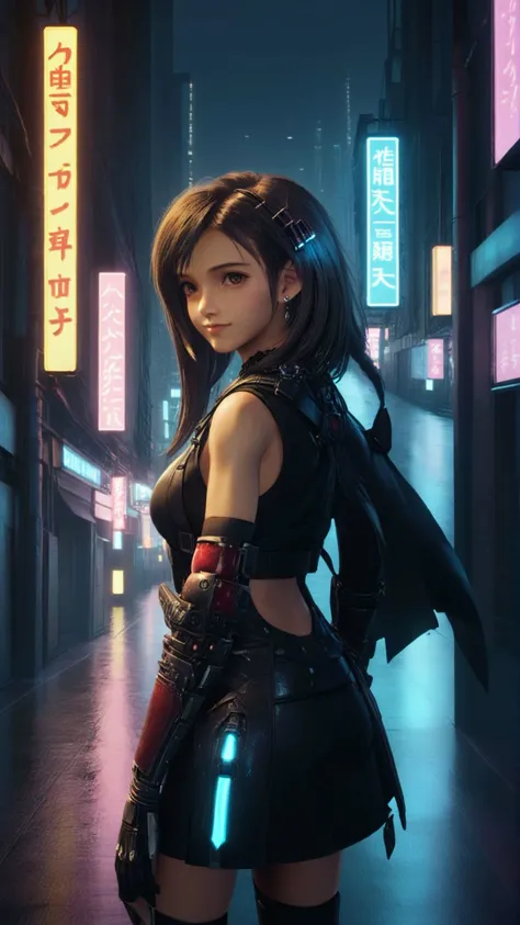 earrings,choker,collarbone,full body,solo,1girl,highres,high quality,masterpiece,many details,outdoors,groin,sky,cloudy,illustration,open stance,breasts,tight,city,street,18yr old girl,night,city lights,cyberpunk tokyo \(city\),kind_smile,medium_shot,(thighhighs:0.9),detached sleeves,<lora:CyberPunkAIp>,(cyberpukai),holographic interface,hologram,mechanical parts,hooded_cloak,glowing hair,<lora:tifa_re_sdxl_V1_01-000006:0.8>, tifa7re,tifa_outfit,
