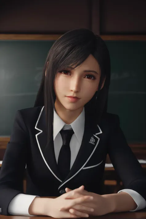 cinematic photo 1girl,tifa7re,looking at viewer,<lora:tifa_re_sdxl_V1-000006:0.7>,school uniform,long sleeves,japanese classroom,blackboard,window, . 35mm photograph, film, bokeh, professional, 4k, highly detailed