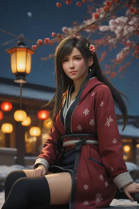 tifa7re,looking at viewer,<lora:tifa_re_sdxl_V1-000006:0.5>,<lora:ALTXL_001_4:2>,smirk,full body,overcoat,beautiful detailed sky, night, stars, (red plum blossom),((winter)),(((snowflakes))), ((red and white flowers))ï¼(starry sky),(sitting),((colorful)),scenery, lantern,(starfall),