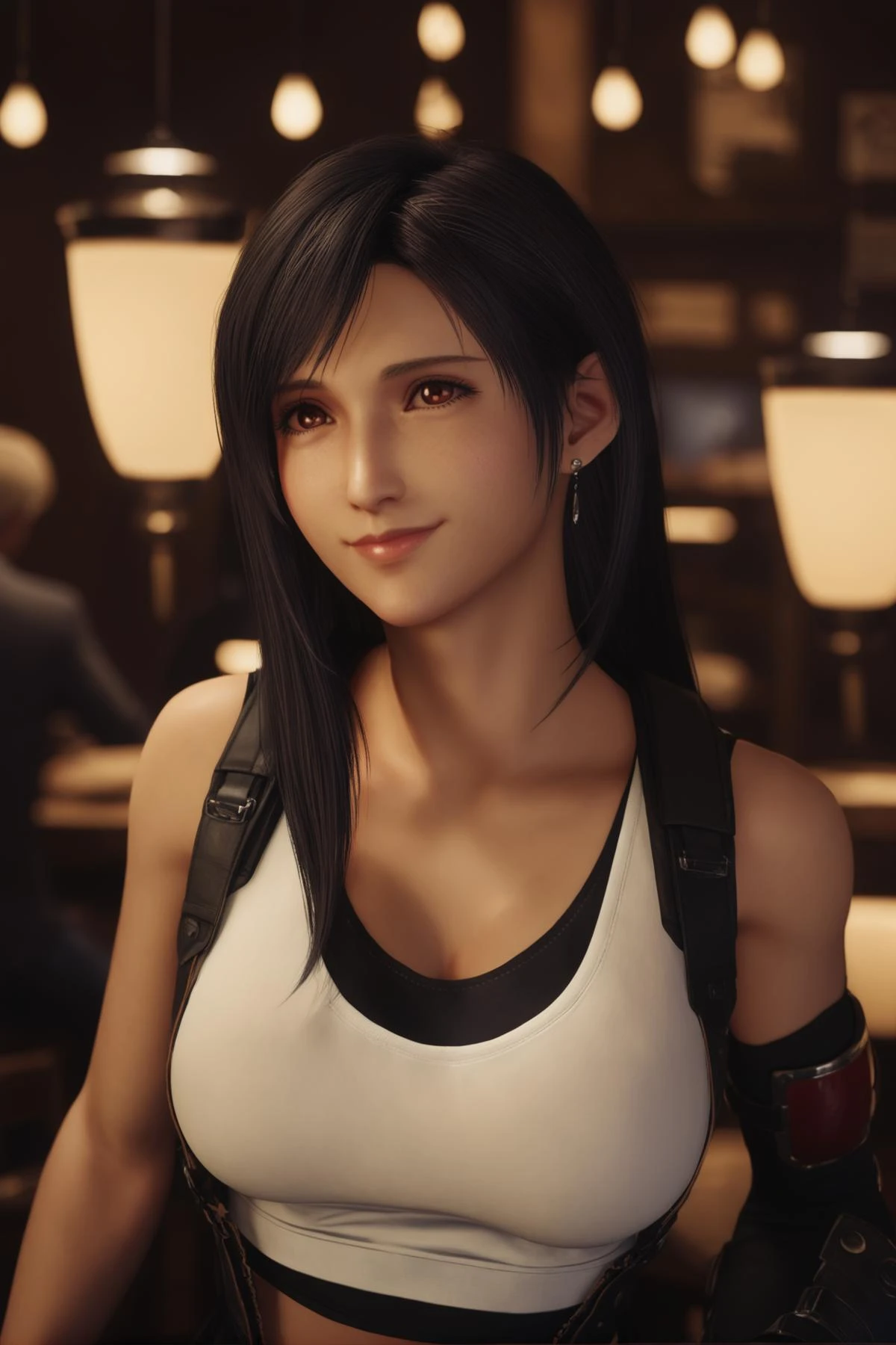 cinematic photo 1girl,tifa7re,upper_body,tifa_outfit,<lora:tifa_re_sdxl_V1-000006:0.6>,restaurant,huge breasts,smile,eye wided, . 35mm photograph, film, bokeh, professional, 4k, highly detailed