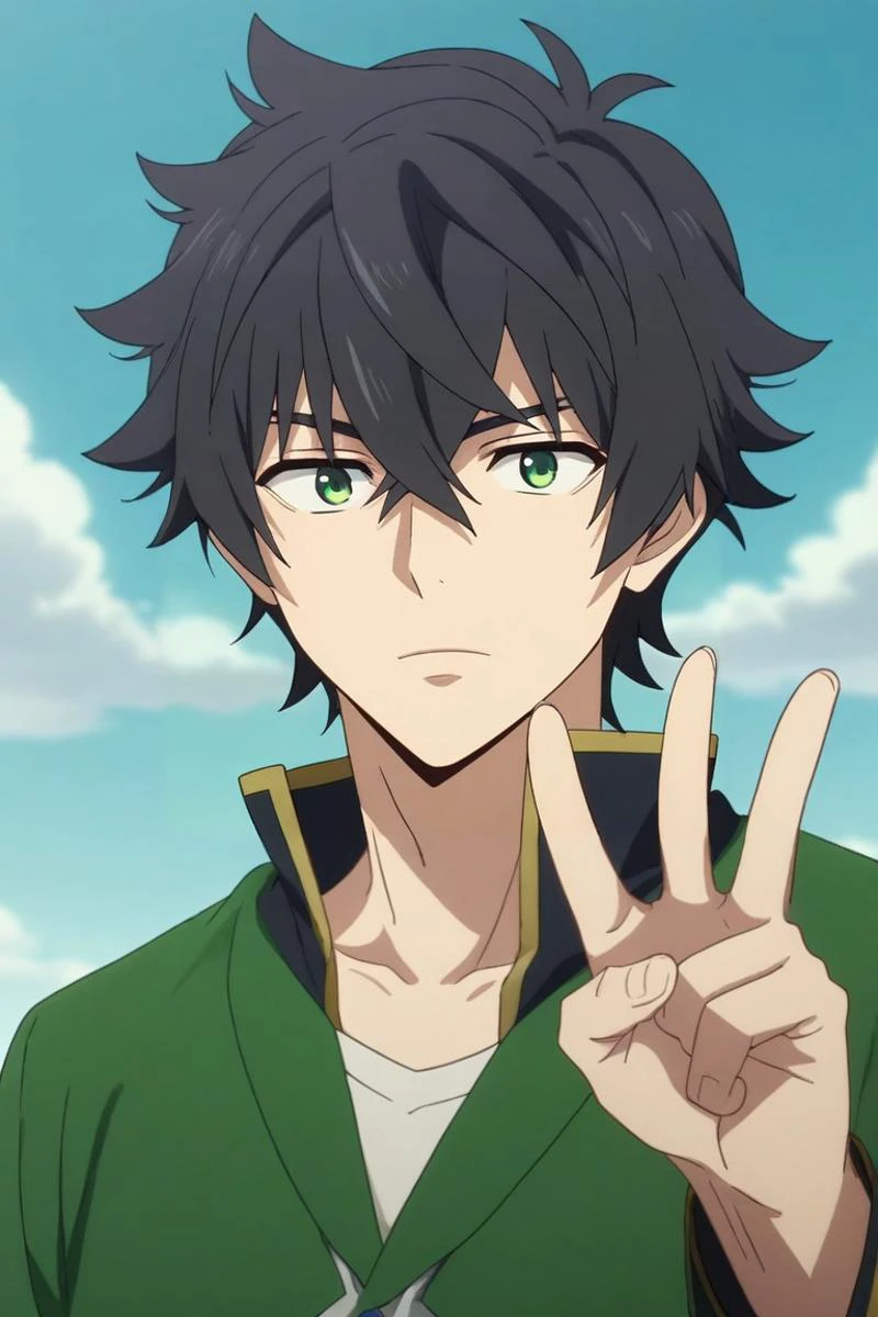 score_9, score_8_up, score_7_up, source_anime, rating_safe, , anime screencap, , official style, looking at viewer, , 1boy, solo, male focus, <lora:naofumi_iwatani_pony:0.92>, naofumi_iwatani, black hair, green eyes, short hair, hair between eyes, bangs, profile, prairie, day, clouds, v, peace sign, :\3, , <lora:sdxl_lightning_8step_lora:1>