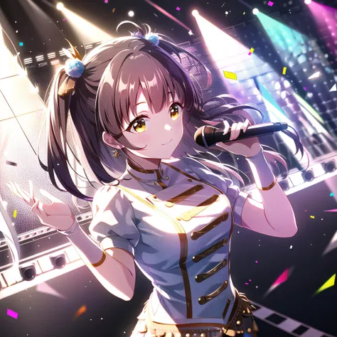 high quality, best quality, masterpiece, absurdres, suzumura yu, idol, 1girl,  <lora:yu:0.75>, solo, on_stage, stage_lights, light_particles, reaching_out