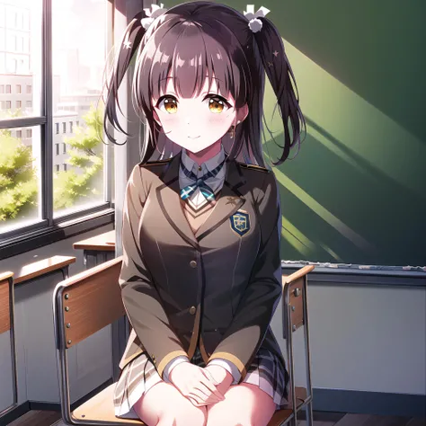 high quality, best quality, masterpiece, absurdres, suzumura yu, uniform, 1girl, <lora:yu:0.75>, solo, sitting, classroom