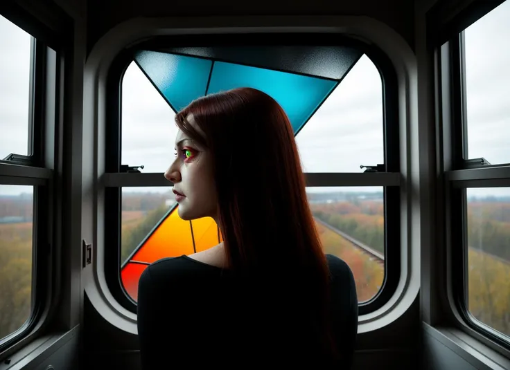 three cornered window, back of head shot of (woman looking out of triangle window:1.1), 3rd person, Looking out the triangular window of a (train:1.1) with triangular windows, triangular windows and triangular, wheels,  in a fantasy world, 
psychedelic, geometric, vivid light, high contrast, triadic colors, dark shadows,  explosions, nuclear mushroom cloud, nuclear explosion, dystopian nightmare, 
(beautiful composition),
21 yo woman,