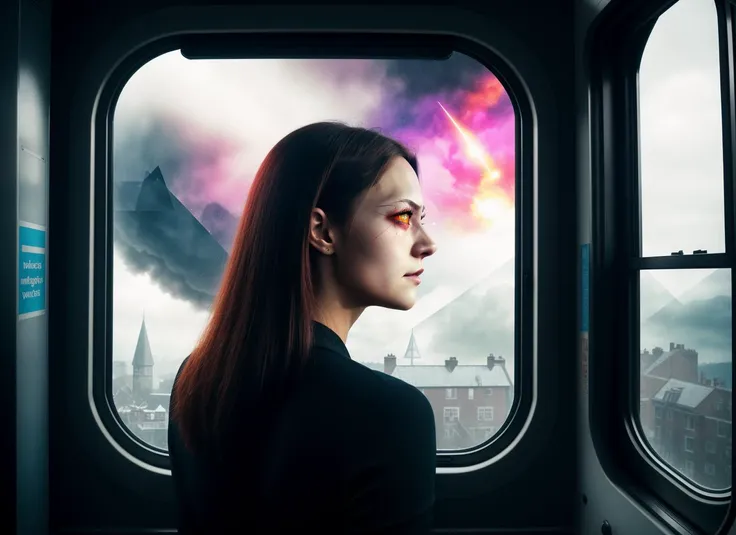 three cornered window, back of head shot of (woman looking out of triangle window:1.1), 3rd person, Looking out the triangular window of a (train:1.1) with triangular windows, triangular windows and triangular, wheels,  in a fantasy world, 
psychedelic, geometric, vivid light, high contrast, triadic colors, dark shadows,  explosions, nuclear mushroom cloud, nuclear explosion, dystopian nightmare, 
(beautiful composition),
21 yo woman,