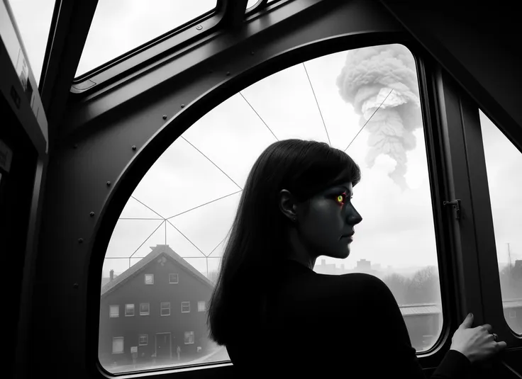 three cornered window, back of head shot of (woman looking out of triangle window:1.1), 3rd person, Looking out the triangular window of a (train:1.1) with triangular windows, triangular windows and triangular, wheels,  in a fantasy world, 
psychedelic, geometric, vivid light, high contrast, triadic colors, dark shadows,  explosions, nuclear mushroom cloud, nuclear explosion, dystopian nightmare, 
(beautiful composition),
21 yo woman,