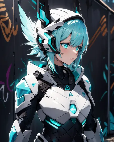 (masterpiece:1.1), (highest quality:1.1), (HDR:1.3), realistic photo of white futuristic metal mech body suit, (detailed helmet), tactical armor, (white tiger ears), (varied depth of field, (iridescent:1.3), limited palette, brown hair, curly hair, short hair, woods, (graffiti wall:1.2), (abs:0.8), (messy hair), (hair whiskers), relieved, by (Hilda Sjlin), (ethereal magical fantasy), (glowing aqua highlights:1.3)