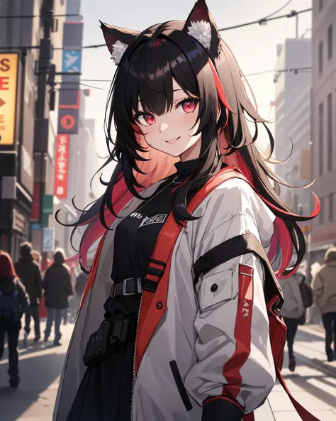 (masterpiece:1.1), (highest quality:1.1), (HDR:1.3), (real focus:1.2), an anime girl with long black hair and a white jacket with a cat ears on her head, official art, 1girl, animal_ears, bangs, black_hair, black_shirt, blurry, blurry_background, depth_of_field, gloves, jacket, jewelry, long_hair, long_sleeves, looking_at_viewer, multicolored_hair, open_jacket, red_hair, shoulder_strap, smile, white_jacket, neon volumetric lighting