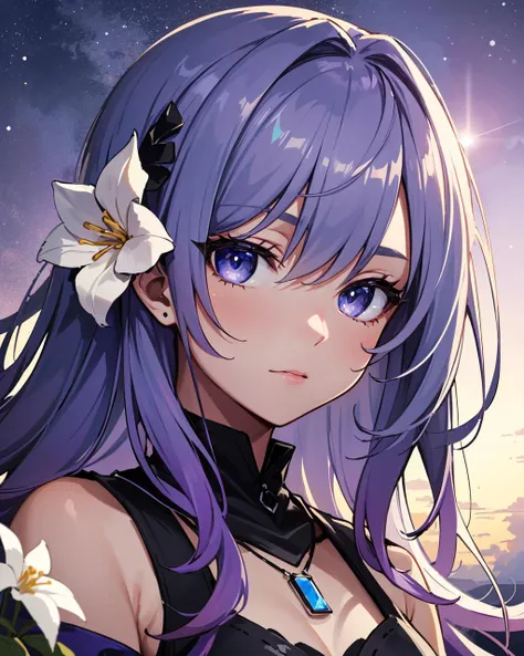 (masterpiece:1.1), (highest quality:1.1), (HDR:1.0), 8k wallpaper, highest picture quality, hyperdetailed, illustration, official art, colorful), professional lighting, lens flare, 1girl, blue detailed eyes, detailed face, medium breats, (((dark blue and purple gradient hair))), white flower hairpin, small necklace, looking at viewer, outdoor, sky, aurora,