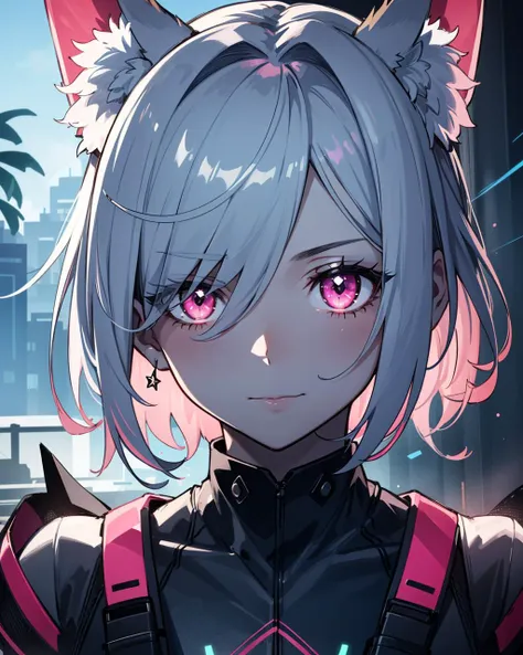 (masterpiece:1.0), (highest quality:1.0), (HDR:1.0), (real focus:1.2), (colored:1.3), 1girl, detailed face and eyes, solo, neon hair, short hair, side locks, glowing eyes, animal ear fluff, muted color, (contrast:0.8), white neon, fantasy, (luminous:1.0), (joyous), (tropical aesthetic)