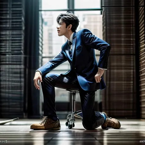 ((masterpiece)),((bestquality)),8k,high detailed,ultra-detailed, depth of field, wide angle,1boy, hand_face,male focus, solo, beautiful_hand, Random_Expression, Stylish_Pose, cinematic shot,cinematic lighting,watch to the viewer, straight hair, Unmatched Details,Short_hair, Black_hair, (Only a boy in the picture:1.3),The Art of Action,Artist,a_chair, <lora:add_detail:1>,(left hand hoding a gun:1.3)