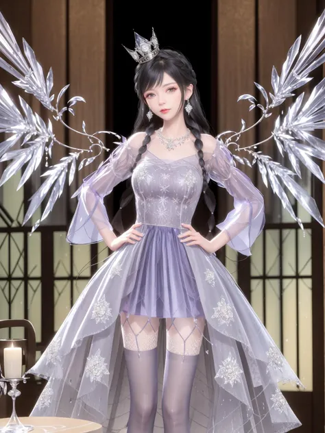 SYNNJYZC,1girl, solo, black hair, jewelry, long hair, dress, thighhighs, crown,necklace, earrings, standing, see-through, looking at viewer, detached sleeves, braid, crystal,purple eyes,wings,(cityscape:1.2), night,mature female, <lora:SYNNJHZCiii:0.75>,cowboy shot, indoors, window, hand on hip,