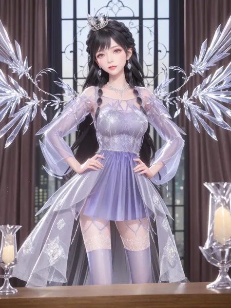 SYNNJYZC,1girl, solo, black hair, jewelry, long hair, dress, thighhighs, crown,necklace, earrings, standing, see-through, looking at viewer, detached sleeves, braid, crystal,purple eyes,wings,(cityscape:1.2), night,mature female, <lora:SYNNJHZCiii:0.75>,cowboy shot, indoors, window, hand on hip,