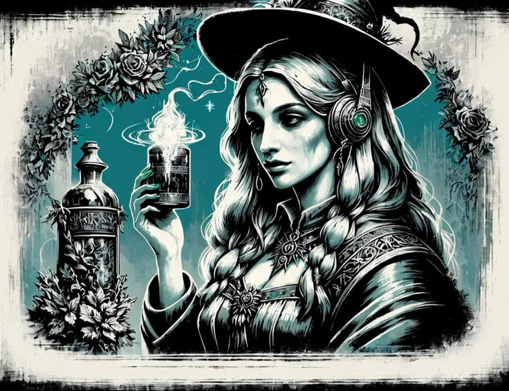 masterpiece illustration, detailed,DonMB14ckB377y witch, Skilled in magic and sorcery, benevolent women with knowledge of herbs and potions, spells and enchantments, deeply connected with the supernatural and the occult, nimbused,celebratory,countryside,factory,sunbaked,headsets,renaissance,cadaverous,challenge <lora:DonMB14ckB377y:1>