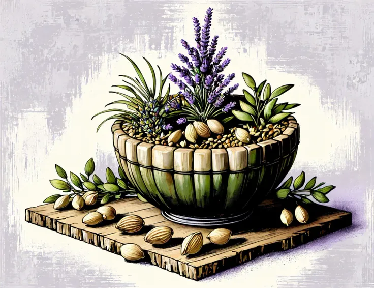 masterpiece illustration, detailed,DonMB14ckB377y diminutive glazed mat-forming palmate plant,    lavender nut fruit, radial,  woody root  <lora:DonMB14ckB377y:1>