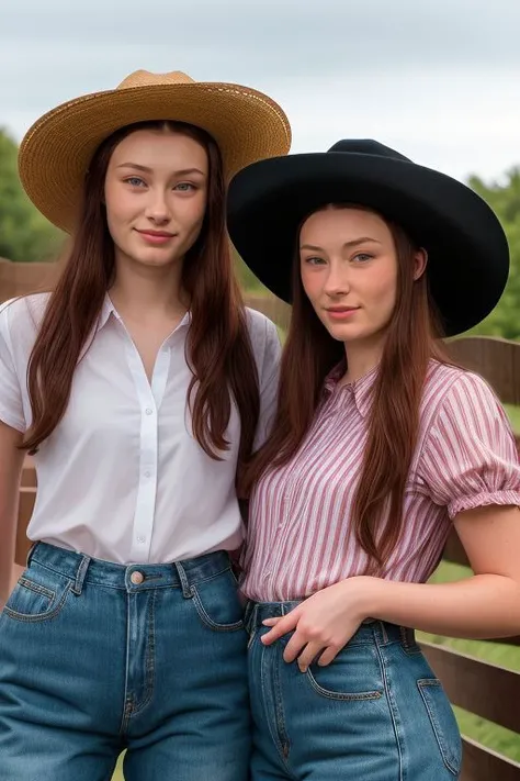 DEN_maddison_twins, 2girls
country beauty posing against a wooden fence with a plaid shirt and jeans and a cowboy hat, cow girl, country girl, cow girl
bokeh, f1.4, 40mm, photorealistic, raw, 8k, textured skin, skin pores, intricate details <lora:epi_noiseoffset2:1>, epiCRealism, <lora:ClothingAdjuster3:-0.8>
