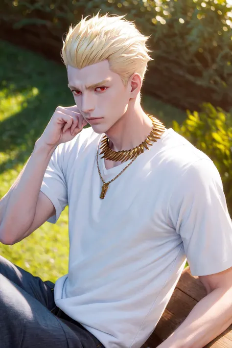 masterpiece, best quality, highres, 1boy gilgamesh, white shirt, necklace, sitting, photorealistic, hair slicked back
 <lora:gilgamesh_enkidu_2:1>