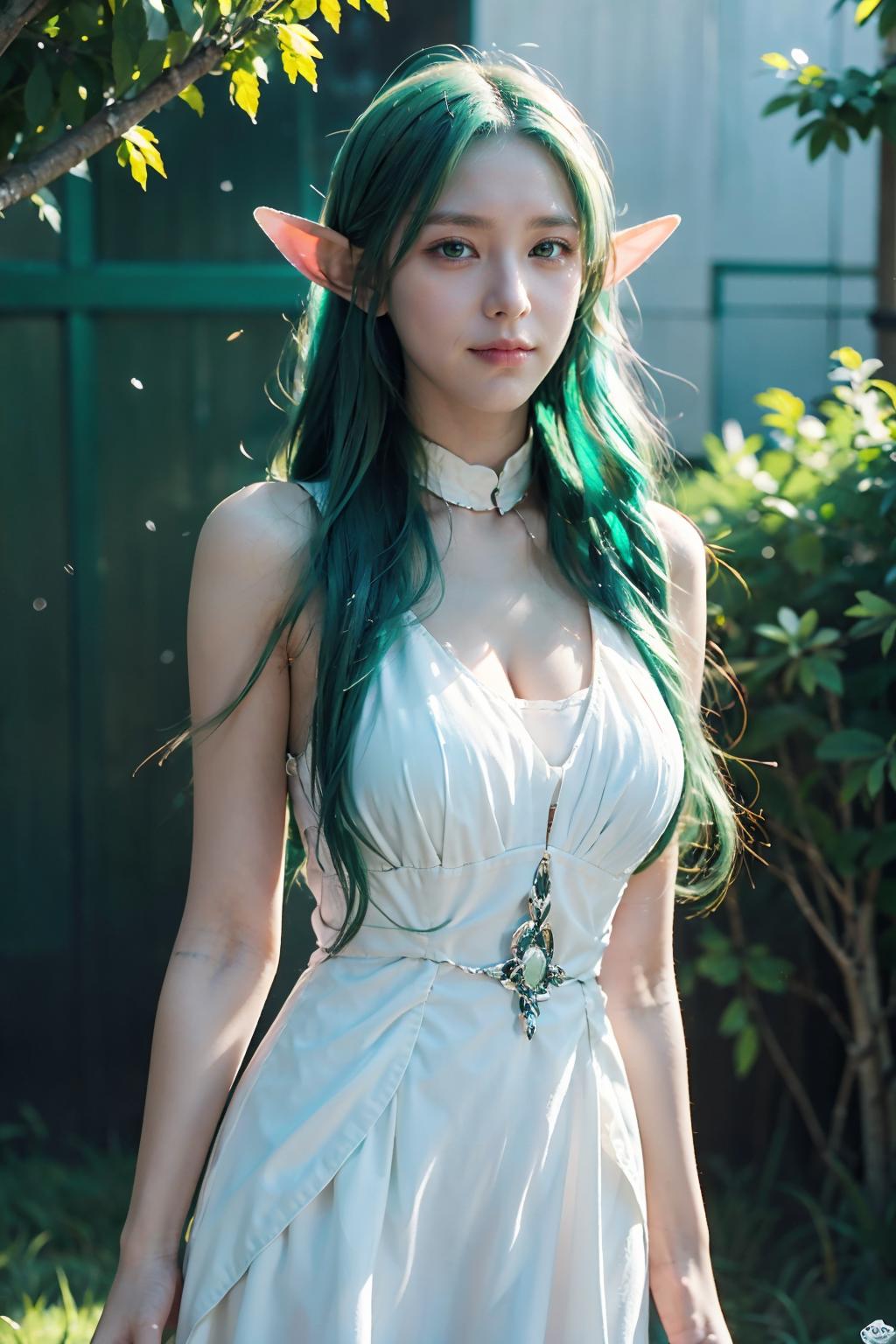 A woman with green hair and a white dress is posing - SeaArt AI