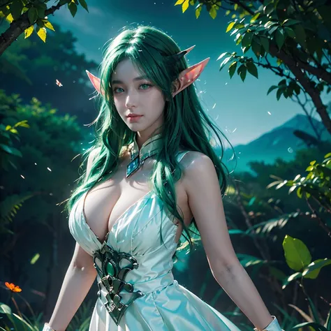 (RAW photo, best quality),masterpiece,extremely detailed,CG,2k wallpaper,Amazing,finely detail,extremely detailed CG unity 8k wallpaper,huge filesize,ultra-detailed,jingling,1girl,green eyes,green hair,elf ears,a white dress,kind_smile,<lora:jingling_10:0.8>,