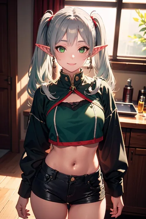 <lora:jingling_10:0.5>,face lighting,bright backlight,super high resolution,best quality,Photos,4k,(Realistic:1.2),jingling,1girl,green eyes,silver hair,smile,pointy_ears,twintails,thigh,