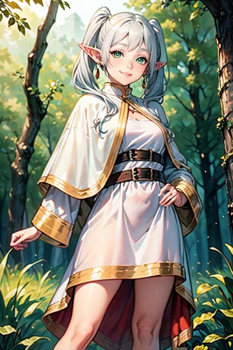 <lora:jingling_10:0.7>,super high resolution,best quality,Photos,4k,(Realistic:1.2),jingling,1girl,green eyes,silver hair,smile,pointy_ears,twintails,thigh,cloak,standing,day,long_sleeves,white cape,dress,deep forest,